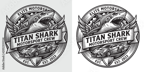 Foto Titan Shark Motorsport Crew emblem with shark and sportscar design