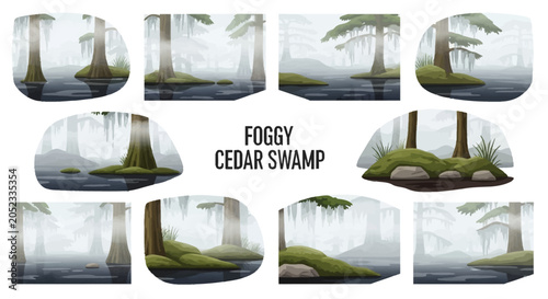 Cuadro en lienzo A collection of ten illustrations depicting misty swamp landscapes featuring cyp