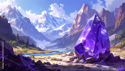 Scenic vista of snowy mountains, a sparkling violet crystal, a tranquil lake, and verdant meadows under a clear sky