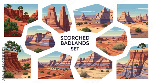 Tableau sur toile A graphic collection of nine stylized varied illustrations depicting desert cany