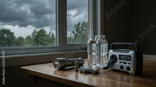 Emergency weather radio water flashlight preparedness supplies during storm disaster readiness