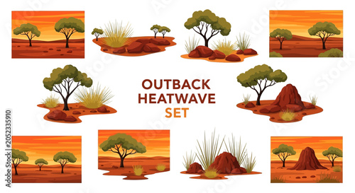 An Australian outbackthemed digital asset collection featuring flatstyle illustrations of arid desert scenes with trees rocks and grasses under orange skies