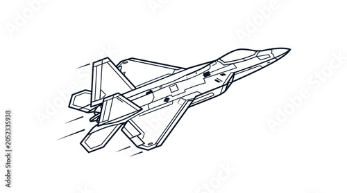 Bild auf Leinwand Line drawing of a fighter jet flying with motion lines on a white background