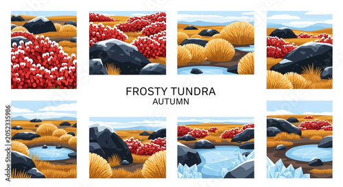 Fotografía An eightpanel set of digital illustrations depicting an autumnal tundra landscap