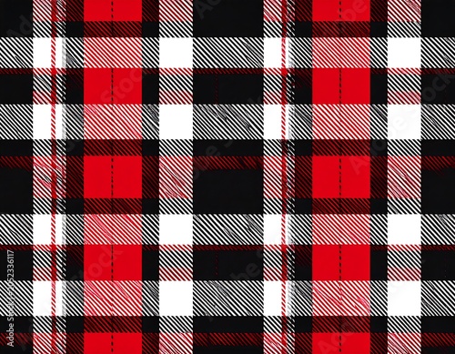 Seamless, digitally created repeating pattern featuring a bold plaid design in black, red, and white