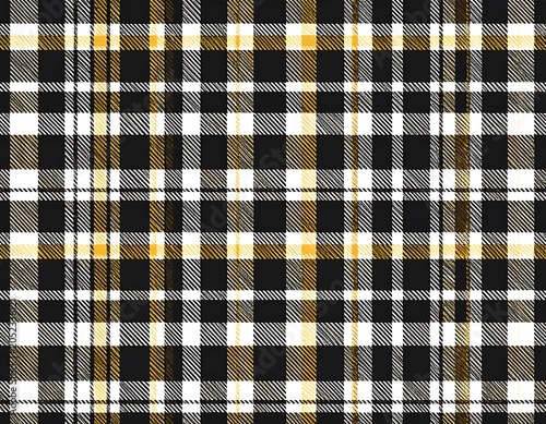 Seamless geometric pattern of grid-like design featuring intersecting lines in gold, black, and white
