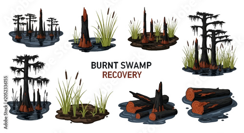 Canvastavla Digital illustrations of a burnt swamp showing charred trees logs and emerging g
