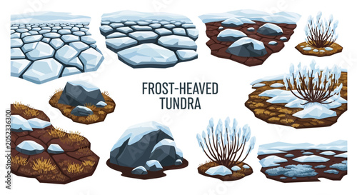 Illustrated asset collection showing polygonal ice patterns snowdusted rocks and frozen shrubs on tundra terrain
