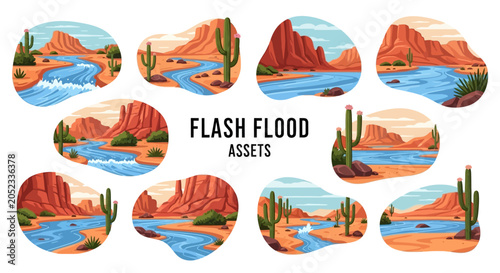 Ten illustrated desert landscapes featuring winding blue rivers red mesas and saguaro cacti set in organicshaped frames