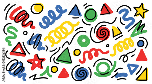 Colorful abstract geometric shapes and doodle line collection