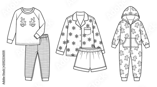 Hand drawn outline winter sleepwear collection featuring long sleeve pants shorts and onesie christmas pajamas vector illustration with snowflake reindeer and gingerbread pattern.