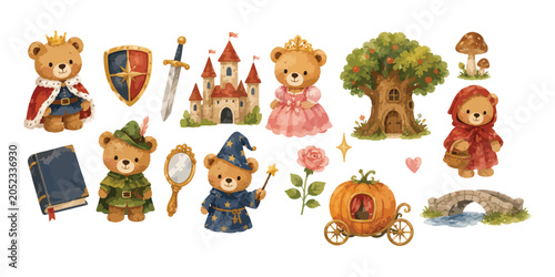 Bild auf Leinwand Watercolor Fairytale Kingdom Teddy Bear Clipart