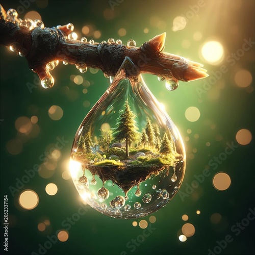 macro photorealistic droplet suspended from a textured branch, containing a miniature island with trees and pebbles, glowing in warm sunlight, lush green bokeh, surreal microcosmic world