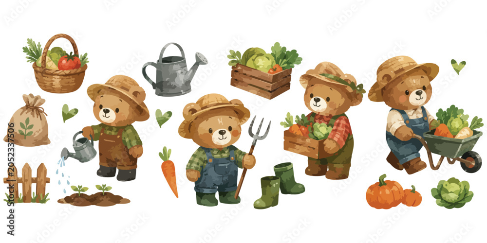 Fototapeta premium Watercolor Gardener Teddy Bear Clipart 