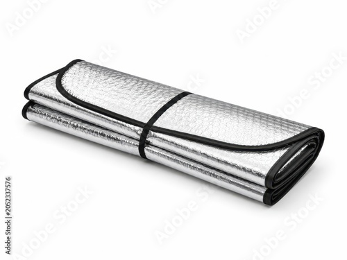 Folded Reflective Car Windshield Sunshade Summer Vehicle Protection And Heat Reduction Concept Isolated On White Background Studio Product Photo