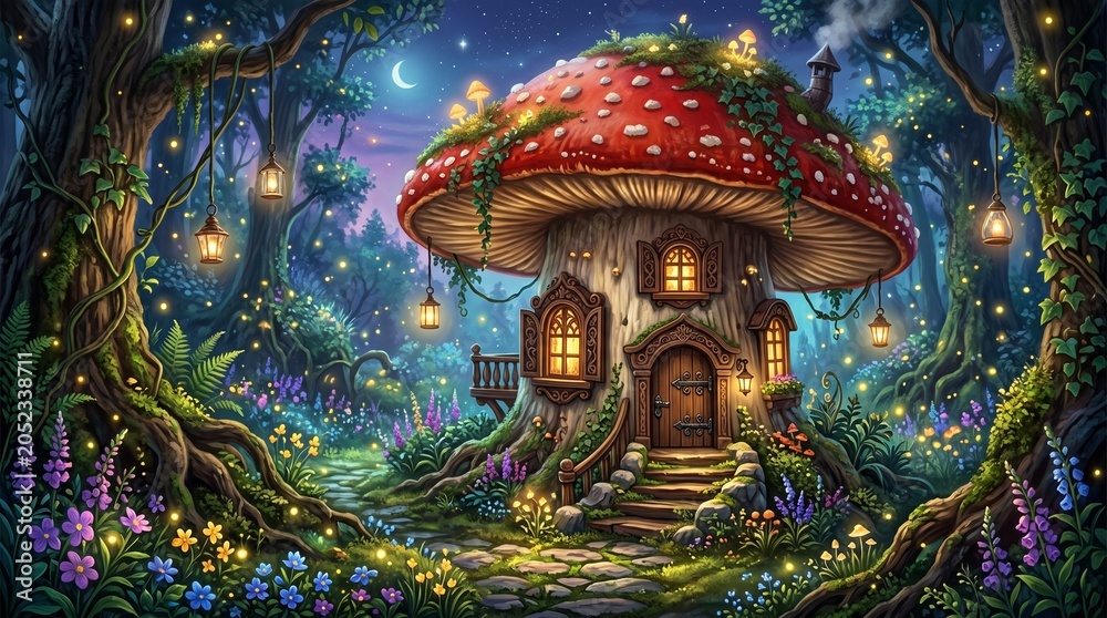 Fototapeta premium Enchanted Mushroom Fairy House in Magical Forest at Night