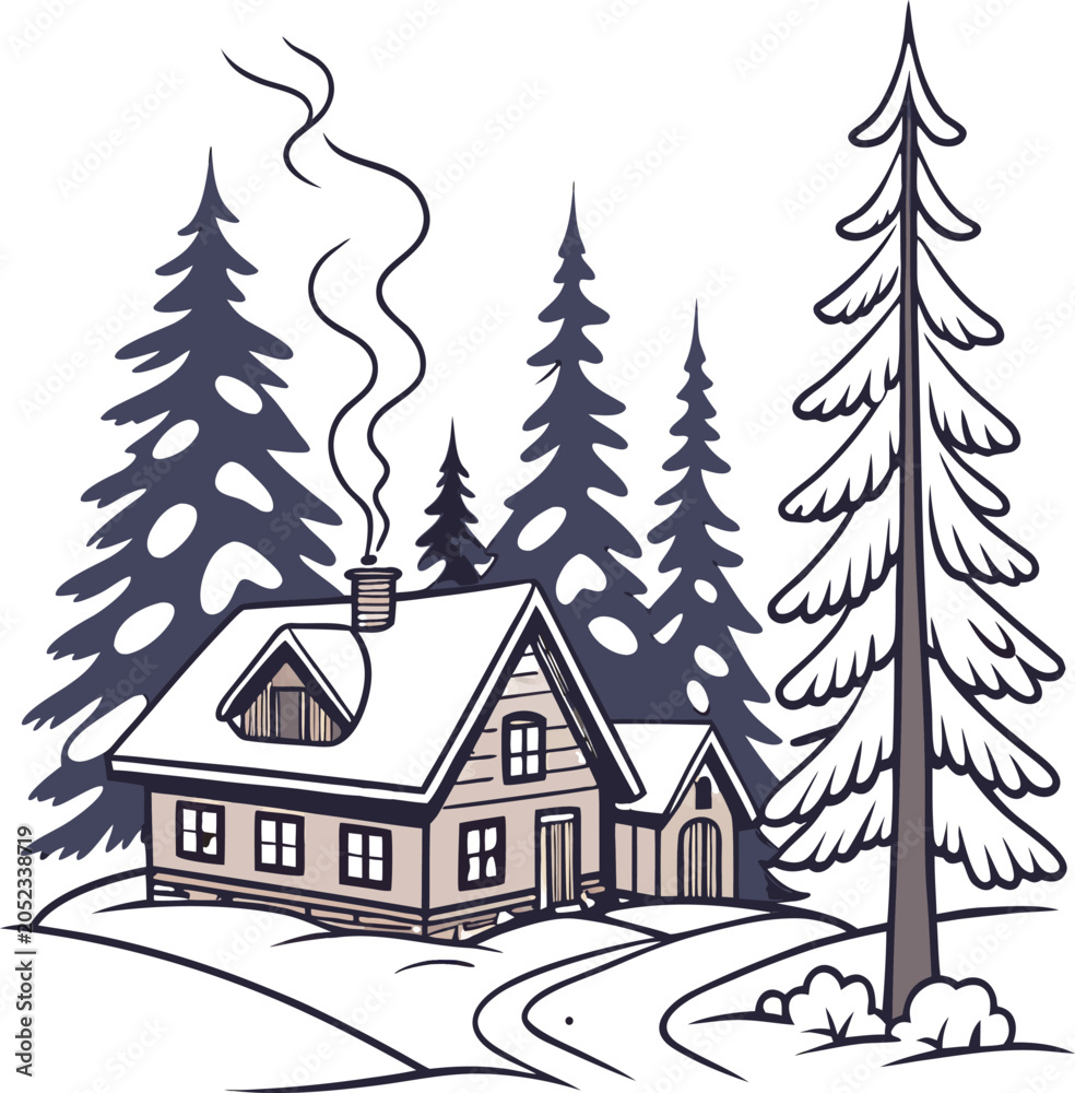 Fototapeta premium Winter house in snowy forest landscape with pine trees and Christmas winter village scenery in cold season illustration scene