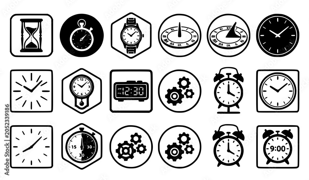 Fototapeta premium Clock and Time Measurement Icon Set with Hourglass Stopwatch Wristwatch Sundial Alarm Clock Digital Timer and Gear Mechanism Symbols for Productivity Designs