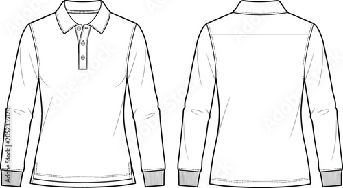Women long sleeve polo shirt vector fashion technical sketch illustration template showing front and back view for apparel mockups
