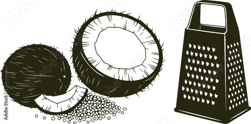 Fotografía Coconut and grater icon vector illustration isolated on transparent background for food preparation and recipes