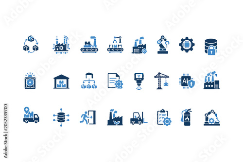 Manufacturing and Industrial Automation Icon Set – Production, Robotics, Logistics, Warehouse, AI and Security Vector Symbols for UI and Industry Design
