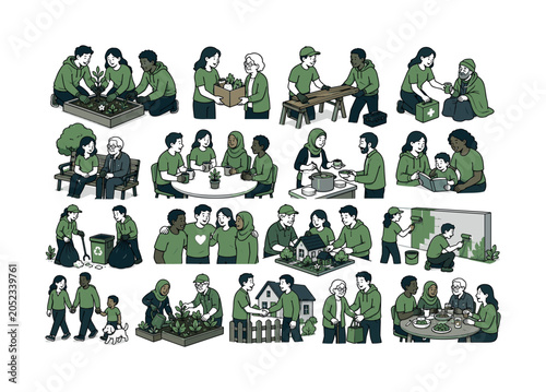 Community Support Series collection of digital illustrations NOT icons NOT symbols, 12?20 character-driven small scenes of neighbors helping, friends sharing support, diverse people building village