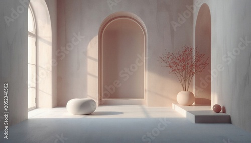 Soft natural light highlights a graceful arched doorway in a refined minimalist interior. Ideal for luxury architecture, wellness branding, home design presentations, and elegant visual concepts.