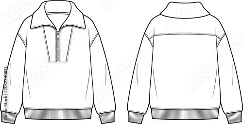 Oversized half zip sweatshirt vector fashion technical sketch illustration template showing front and back view for design apparel mockups