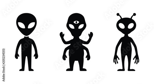 Schilderij op canvas Black Silhouette Of Three Alien Figures With Varied Eye And Limb Configurations