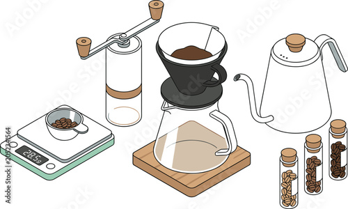 Schilderij op canvas Isometric pour over coffee brewing method vector set featuring a glass carafe dr