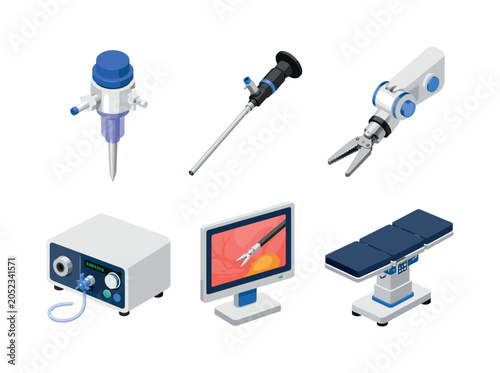 Minimally invasive surgery. Isometric flat vector icons set of Minimally invasive surgery: trocar port, laparoscope, robotic forceps, insufflator device, surgical monitor, compact operating table.