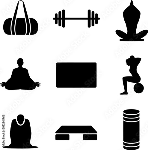 Collection of black silhouette fitness icons on including yoga bag, dumbbell, lotus pose, meditation, exercise ball, and more