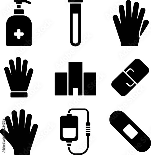 Black medical icons on including hand sanitizer, thermometer, gloves, band aid, and medical equipment