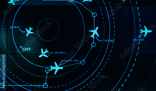 Bild auf Leinwand Modern Air Traffic Control Radar Screen with Aviation Flight Tracking Interface