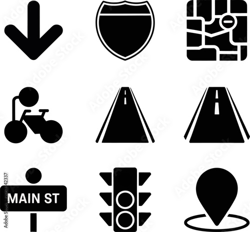 Collection of black and white road and transportation icons