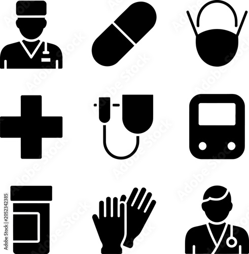 Collection of black medical icons on including nurse, pill, mask, cross, blood pressure cuff, and more