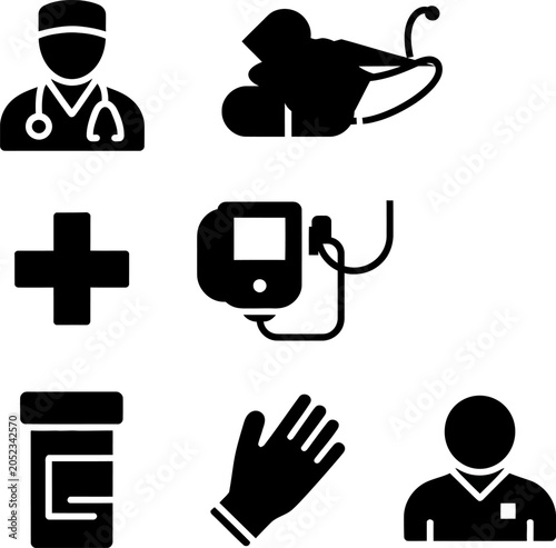 Collection of black medical icons on including doctor nurse patient