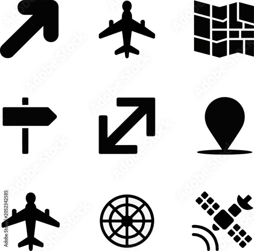 Collection of black navigation and transportation icons