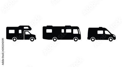 Fotografía Black Silhouette Of Three Recreational Vehicles On A White Background campervan