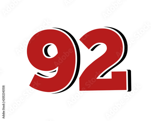 Number 92 Bold Red with White Outline Isolated on Transparent Background