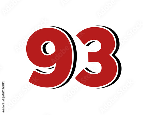 Number 93 Bold Red with White Outline Isolated on Transparent Background