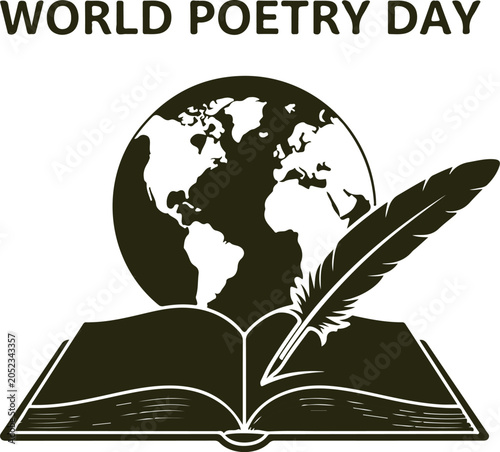 Photos World poetry day celebrated with globe book quill and feather pen for writing illustration