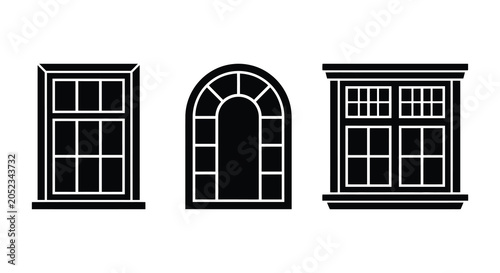Canvastavla Black window silhouettes with varied architectural styles against a white backgr