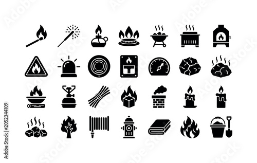 Burning Energy Glyphs. Solid glyph icon set of matches fire and flames: burning match, sparkler, oil lamp, gas flame, charcoal grill, kiln, warning sign, siren light, smoke detector, fire alarm, heat