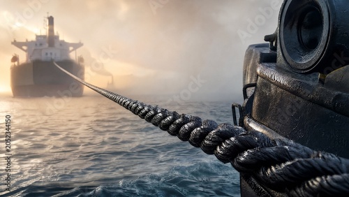 towline. A taut black towline connects a tugboat to a distant ship in morning mist. mobility guides, transit brochures, designed for mobility and urban transit guides, used by bi analysts.