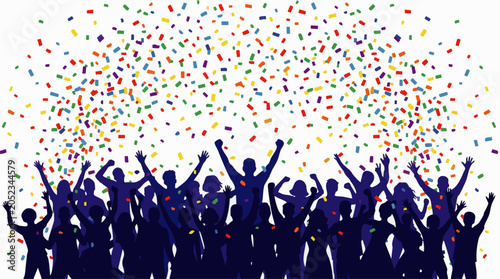 Silhouette of a diverse crowd of people celebrating with arms raised under a shower of colorful falling confetti on a white background