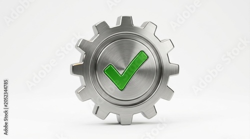 Gear with check mark symbol representing quality assurance, process improvement, compliance management and operational excellence in business and manufacturing environments.