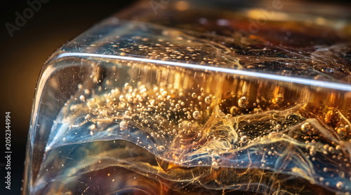 Macro close up of trapped air bubbles and organic swirls inside a block of translucent amber 3d printing resin