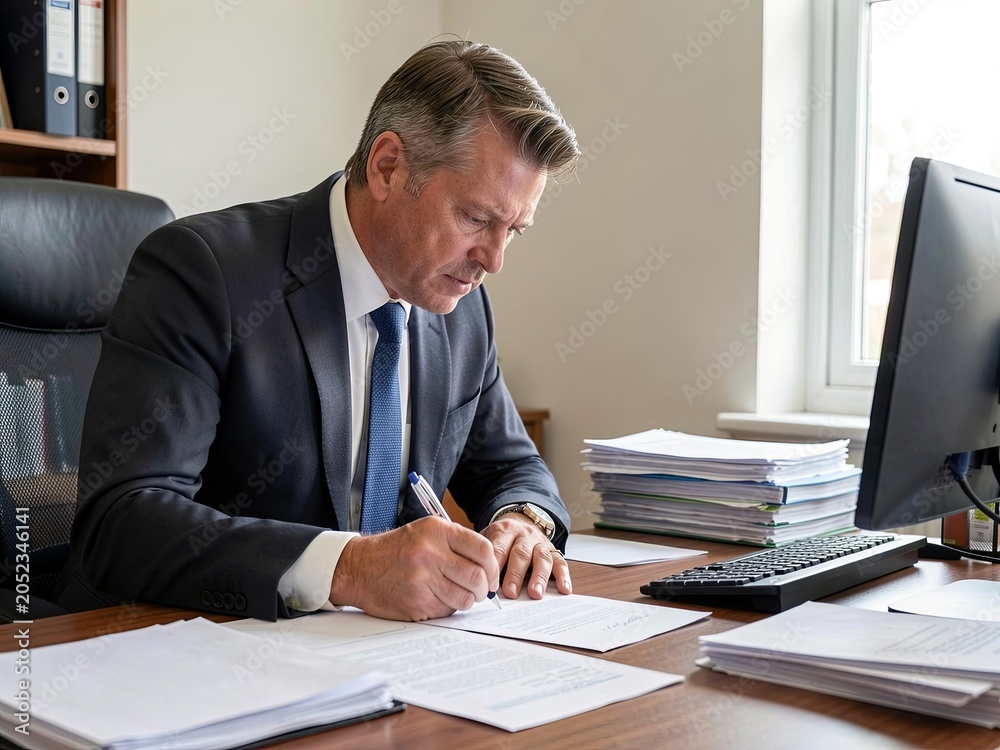 Obraz premium Professional businessman in suit writing documents at his office desk with a computer.