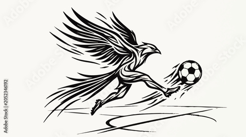 Stylized black and white eagle anthropomorphic figure kicking a soccer ball, dynamic motion lines on a plain white background